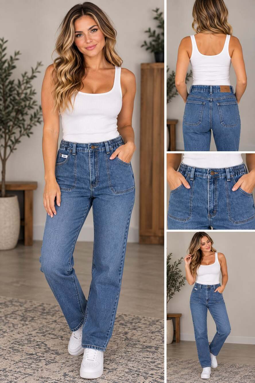 Lee High Rise Utility Straight Jeans Blue Denim Large